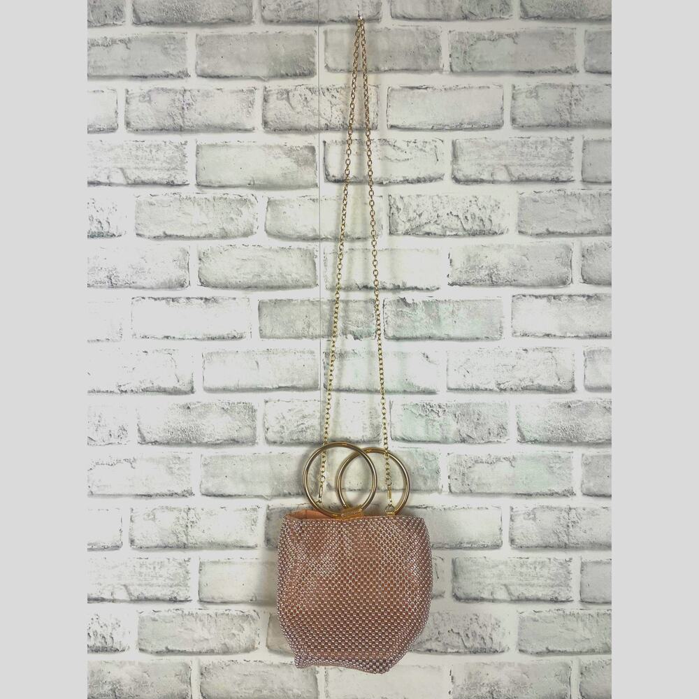 Jessica McClintock Ball Mesh Evening Bag Gold Wristlet O-Ring Clutch Chain Strap